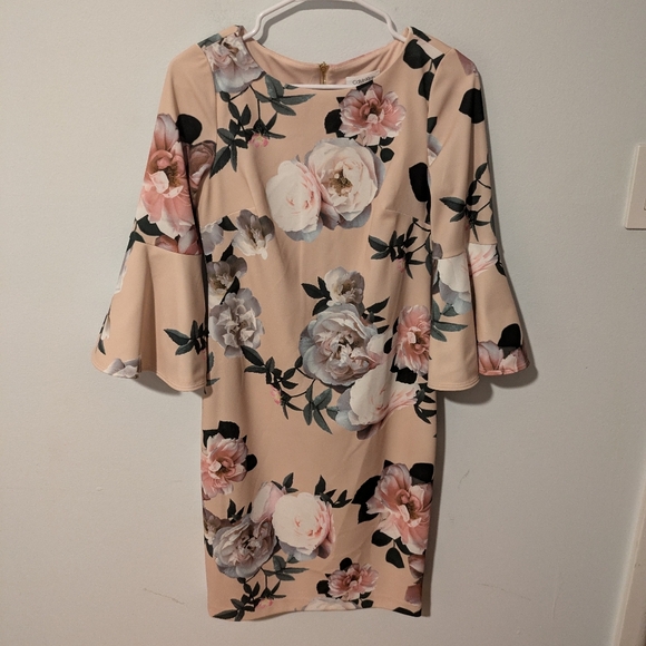 Calvin Klein Peach Pink Floral Bell Sleeve Sheath Dress Size 4 - Picture 1 of 13